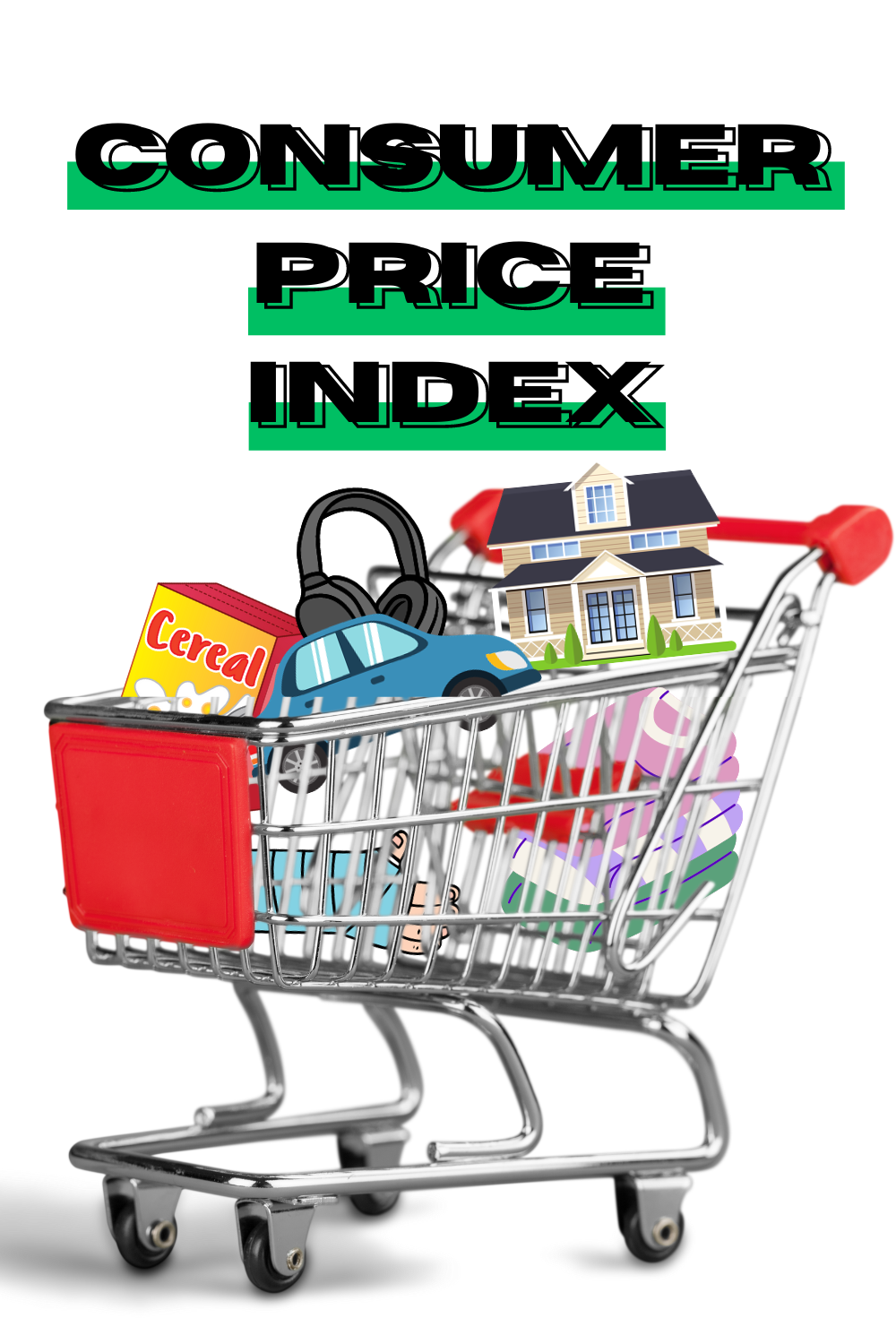 Image of shopping cart with various items used to show increasing inflation.